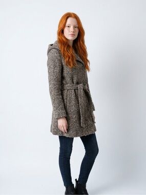 Hooded Double-Breasted Bouclé Pea Warm Coat in Taupe